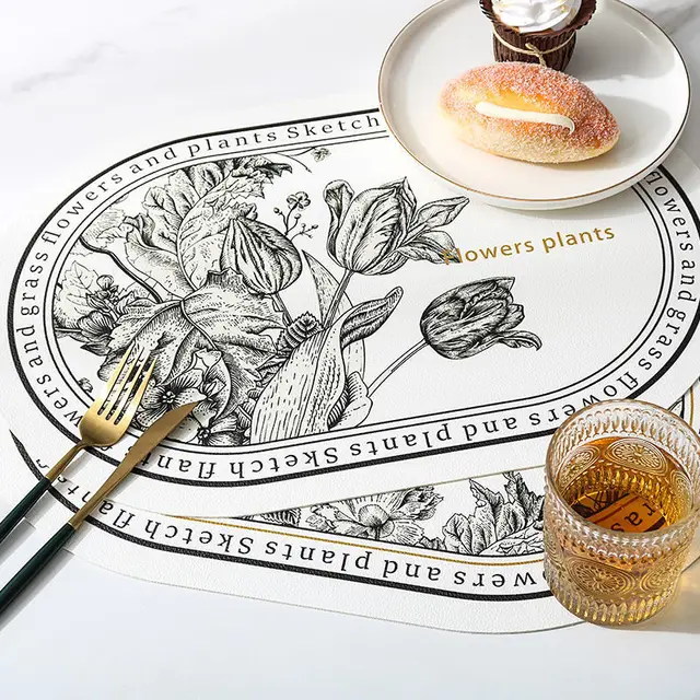 Északi Bőr Placemat Fekete -Fehér Virágmintás Vízálló Olajálló Hőálló Tál Szőnyeg Étkezési Asztal Dekoráció - Image 2