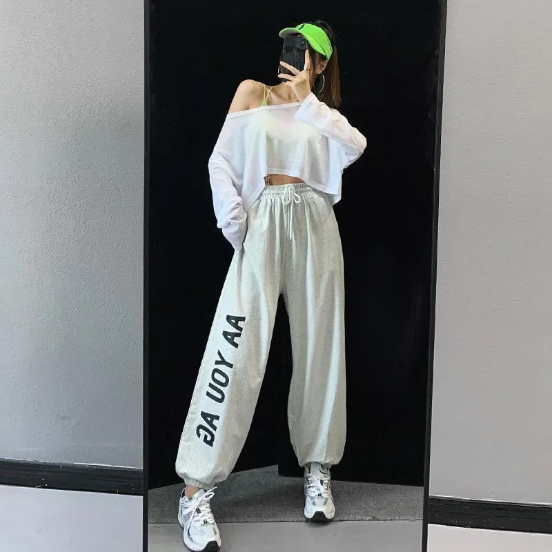 Women High Waist Drawstring Fashion Pants 2023 Hip Hop Loose Jogger Pants Female Casual Letter Print Trousers Ladies Streetwear