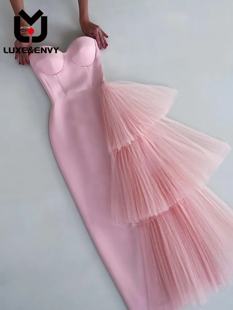 

LUXE&ENVY 2022 Summer New Bra Tight Wrap Hip French Celebrity Style Long Dress with Bandage Layered Mesh Design Dress