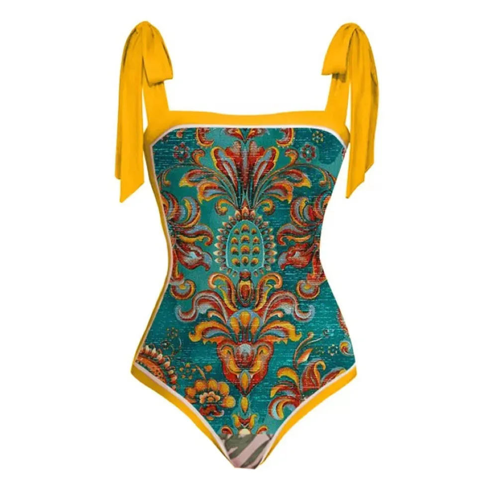 New French Retro Print High Waist Bikini Swimsuit Female Hot Spring Vacation Beach Skirt Two-piece Swimwear Beachwear Cover Up