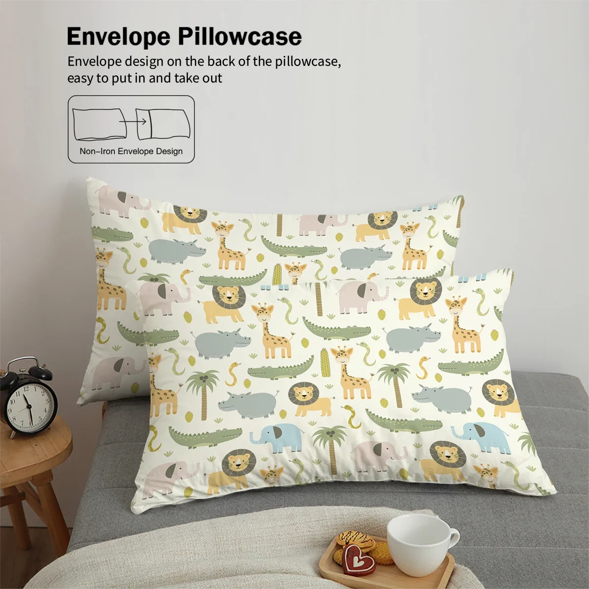 3-piece down duvet cover set with cartoon dinosaur lion pattern print (1 duvet cover+2 pillowcases, no core) soft bedding set