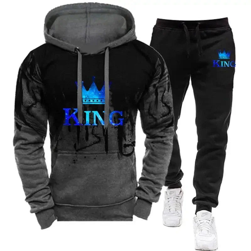 Autumn winter Spring Men's Sports Suit King Printed Tracksuit mens Clothing Hoodie+Sweatpants Fashion 2Pcs Set Jogging 3