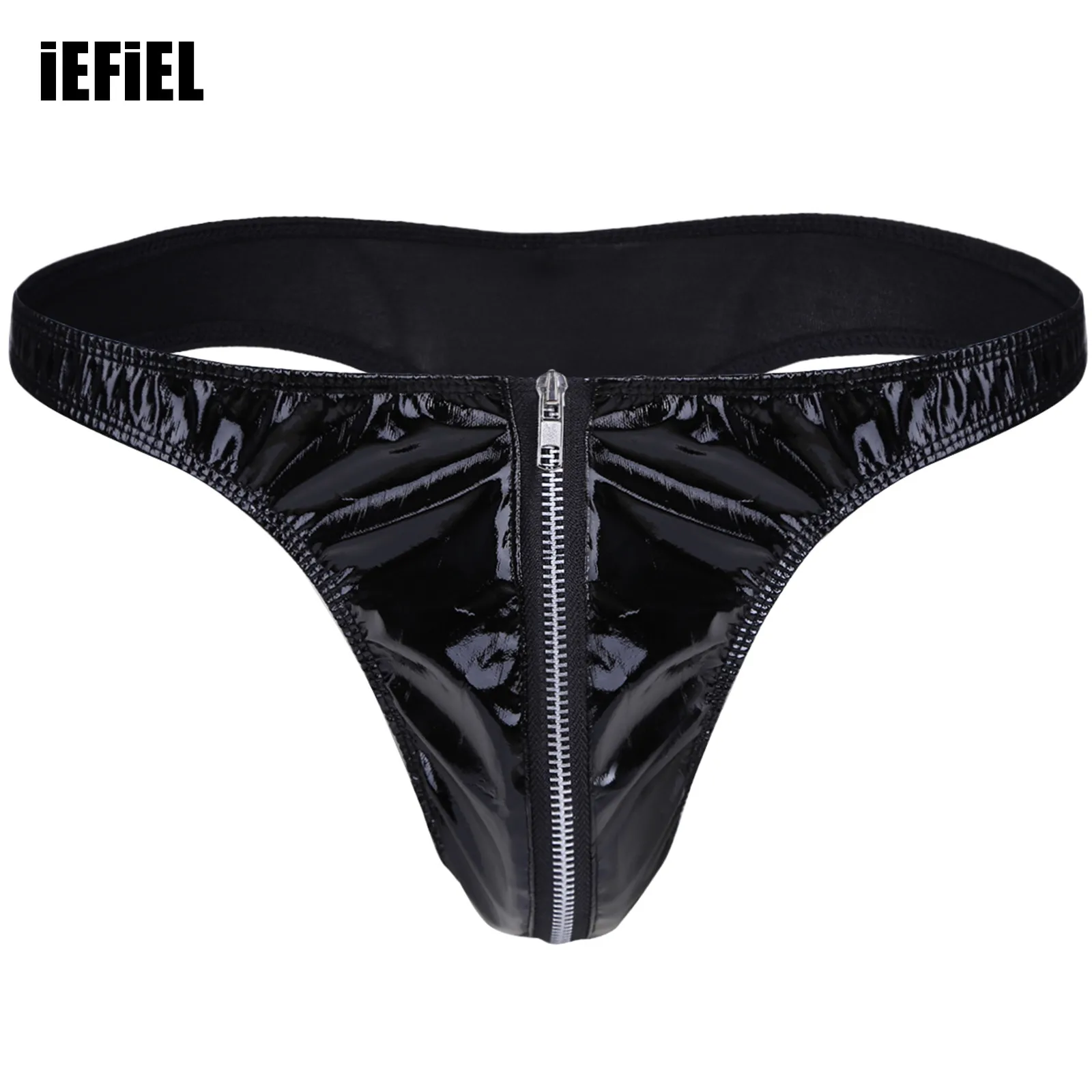 

Men Lingerie Patent Leather Briefs Bikini Underwear Underpants with Front Zipper