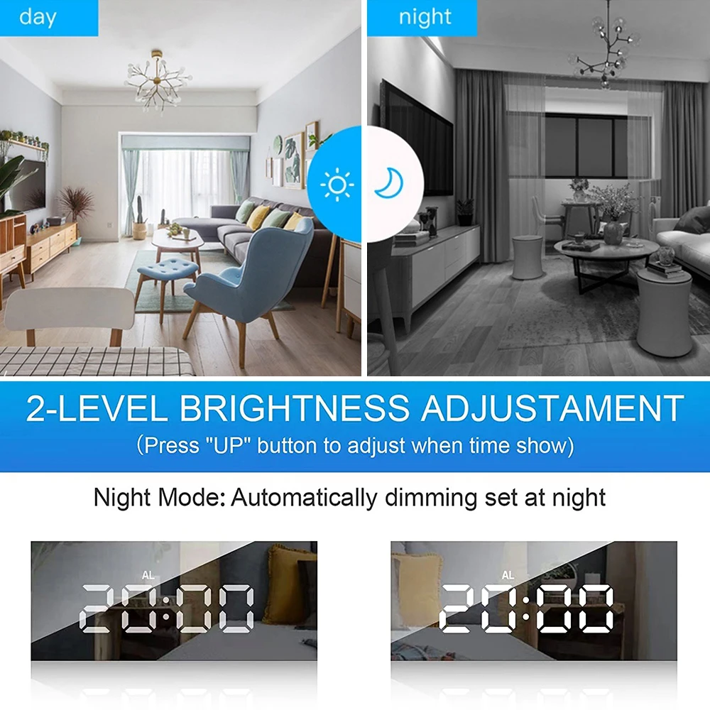 Digital Clock USB Power LED Mirror Table Temperature Display Night Mode Bedroom Bedside Alarm 12/24H