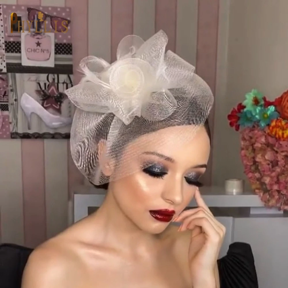 JM02 White Black Bridal Fascinator Birdcage Veil Wedding Hat Short Bride Face Veil Charming Evening Blusher Veil Bridal Headwear