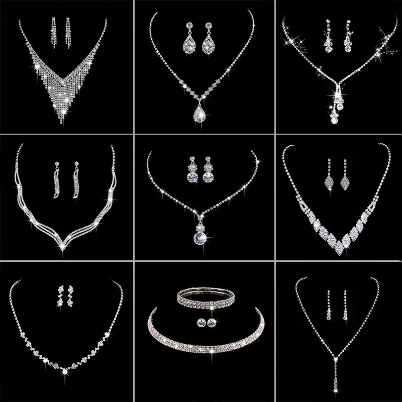 Set Gioielli Da Sposa In Argento Con Cristalli E Strass - Collana, Bracciale E Orecchini Per Donna