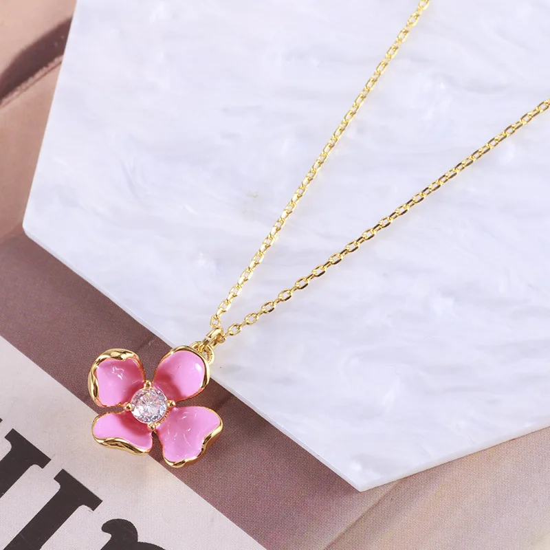 Cut Enamel Sparkling Pink Small Flowers Fresh Youthful Romantic Stud Earrings Necklace Piercing Jewelry Set Boho Trendy Korean
