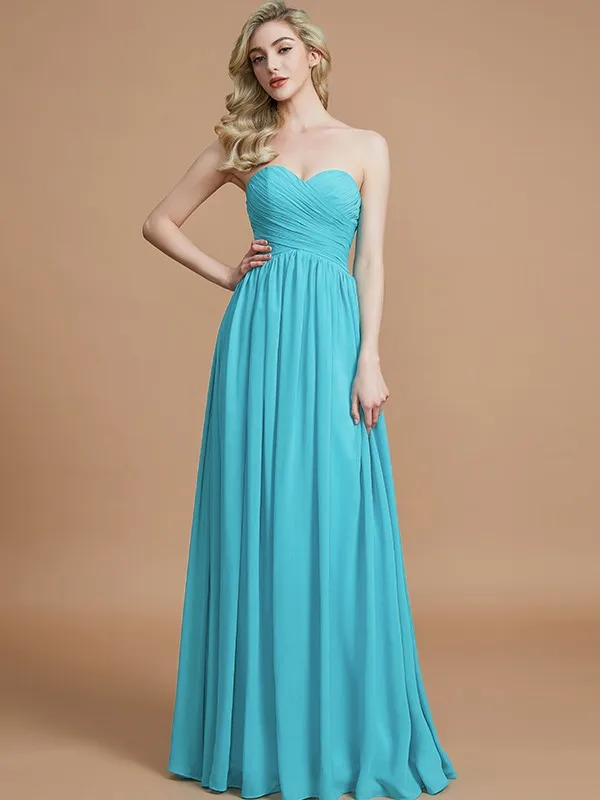 

Elegant Long Blue Sweetheart Chiffon Bridesmaid Dresses A-Line Sleeveless Floor Length Zipper Back Wedding Guest Dress