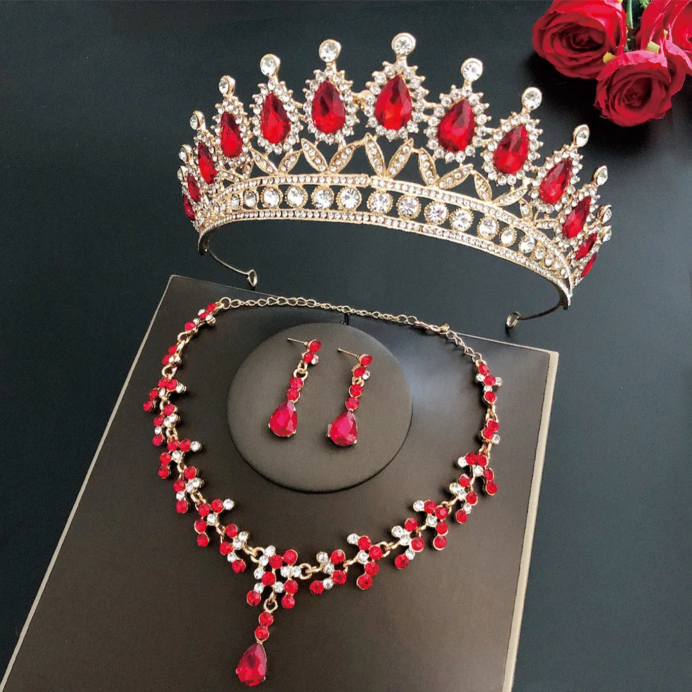 Bridal Jewelry Set 3Pcs/set Baroque Crystal Rhinestone Tiaras Crown Necklace Earring For Bride Women Wedding Gift
