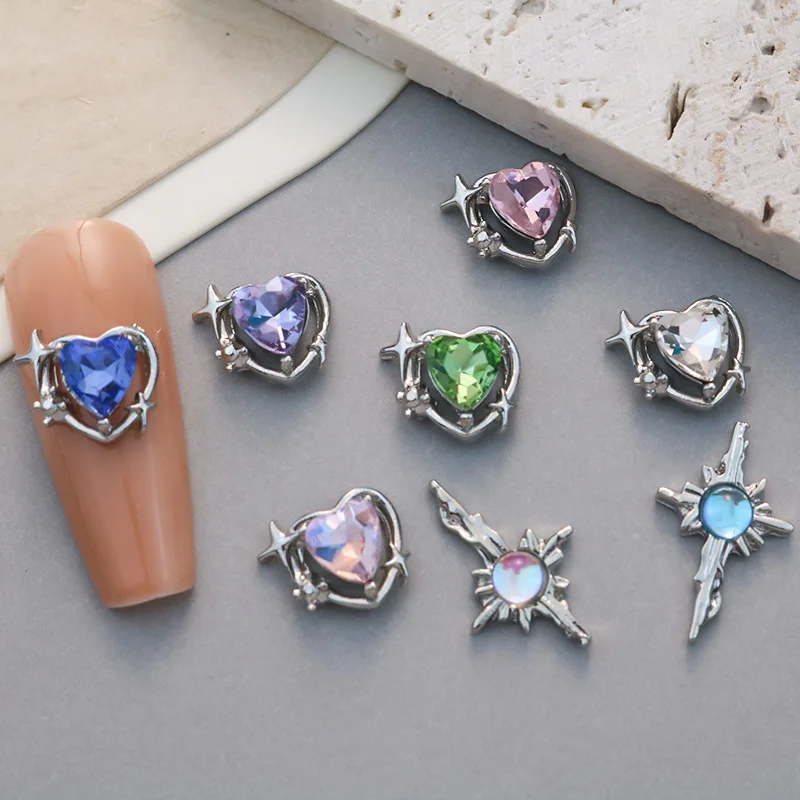 10PCS 3D 럭셔리 합금 하트 스타 네일 아트 라인 석 매력 별빛 쥬얼리 액세서리 부품 반짝이 손톱 장식 용품