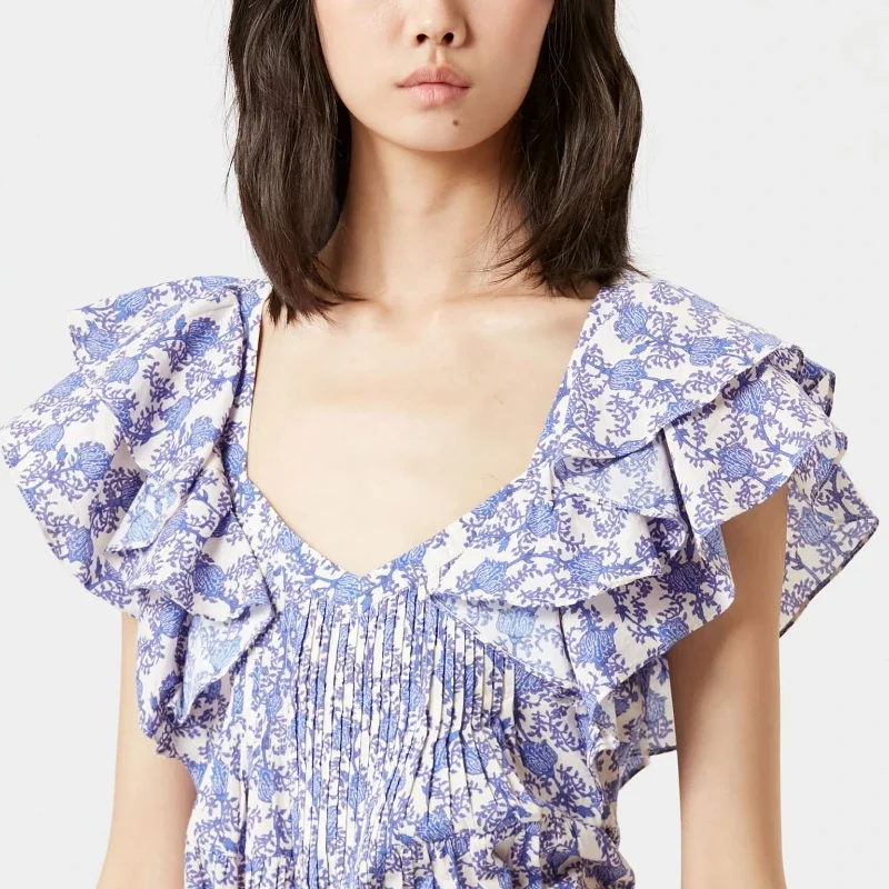 

2023 Summer New Vintage Style Printed Ruffled Edge Flying Short Sleeve Women Shirt