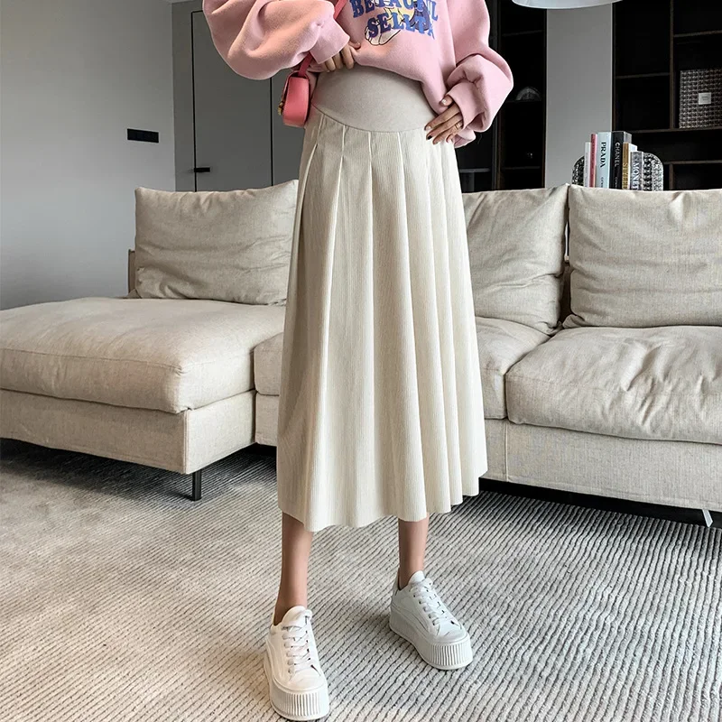 Maternity Corduroy Skirt High Waist Midi Length Pleated College Style Autumn Winter Fashionable Pregnancy Skirt