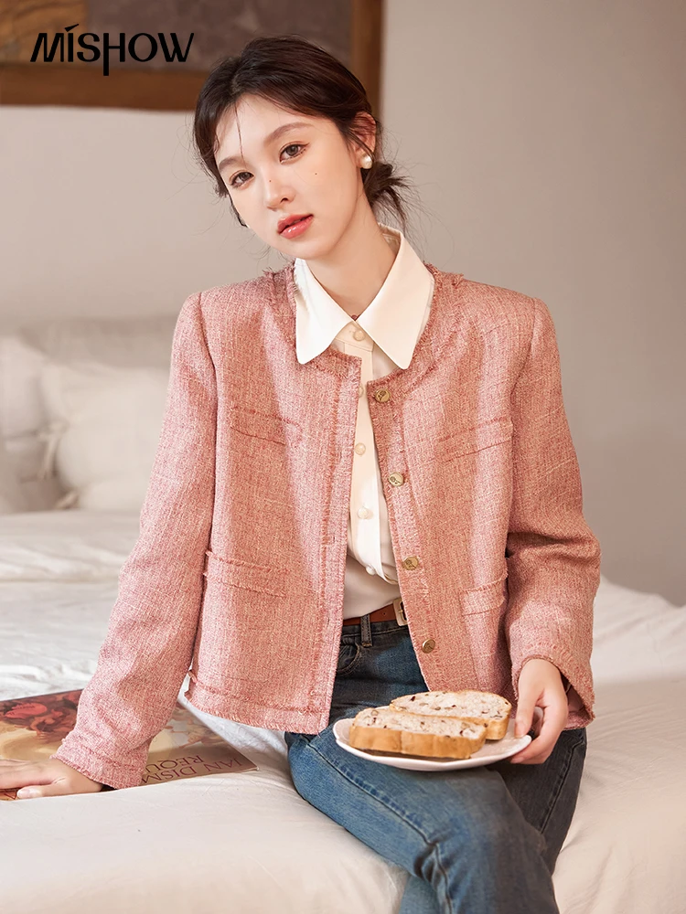 

MISHOW 【 Rose Series 】Multi Color Woven Jacket 2023 Autumn French Pockets O-Neck Single Breasted Wide-waisted Coat MXC41W0038
