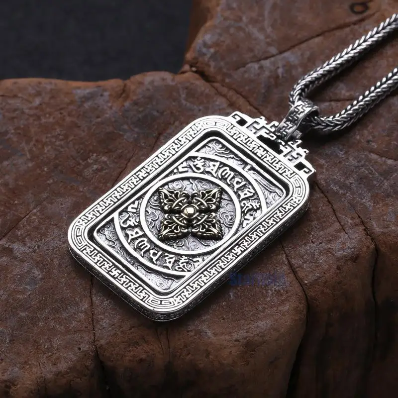 

925 Sterling Silver Jewelry Men Women Diamond Turn Pendant Thai Silver Retro six-word Mantra Cloud