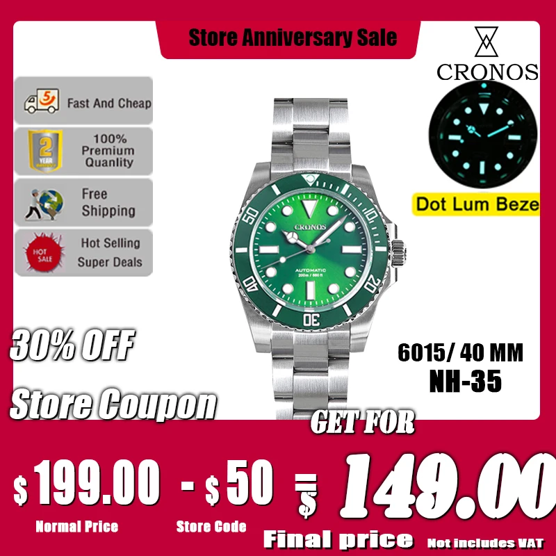 

Cronos Sub Diver Men's Watches No Date NH35 Sapphire Cyclops Ceramic Bezel 20 ATM Glideclasp Latest Version L6015M