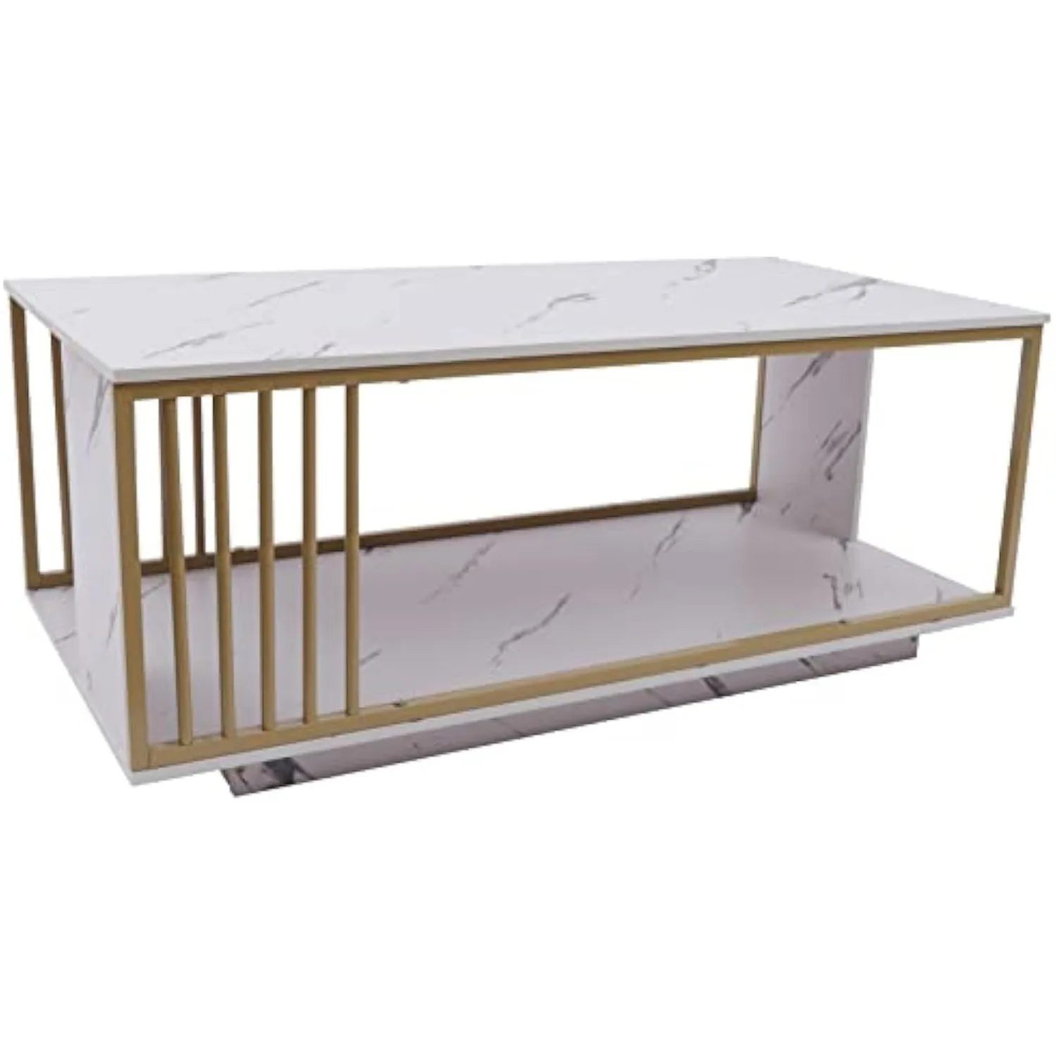 Modern White Marble Veneer Coffee Table, 2 Tier Rectangular Coffee Table with Gold Frame Sofa End Table for Living Room Bedroom 4