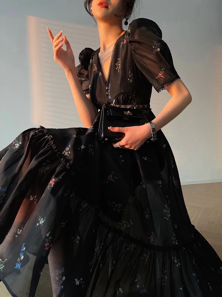 

Beach Floral Dress Women 2023 Summer Short Sleeve French Elegant Midi Black Dress Vintage Casual Korean Evening Party Long Dress