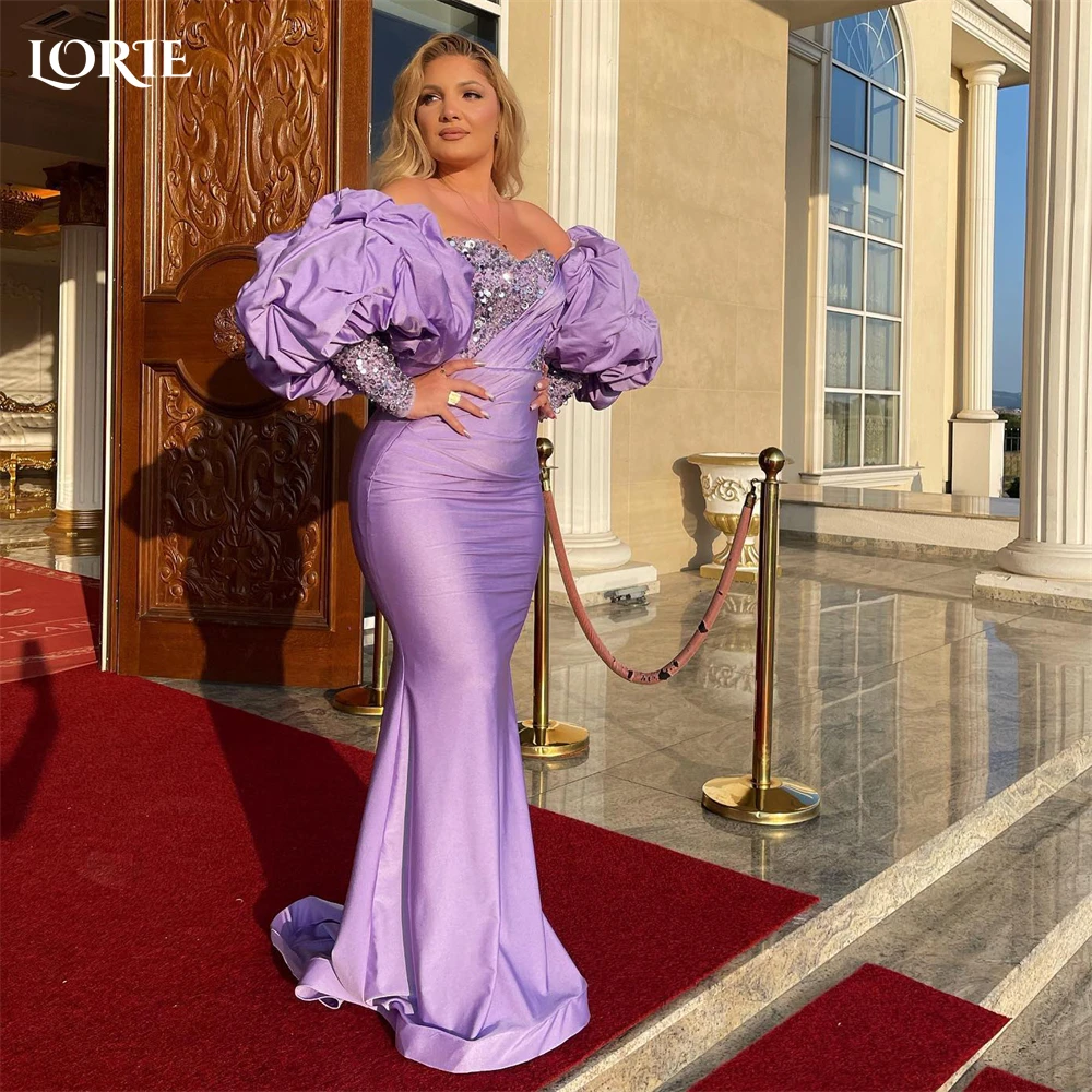 

LORIE Glitter Mermaid Evening Dresses Sparkly Ruched Puffy Sleeves Solid Satin Prom Dress Off Shoulder Backless Party Gowns 2024