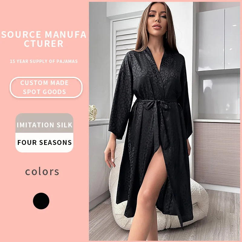 Women Robe Black Print Leopard Kimono Bathrobe Gown with Belt Sexy V-Neck Nightgown Sleepwear Loose Silk Satin Home Dress