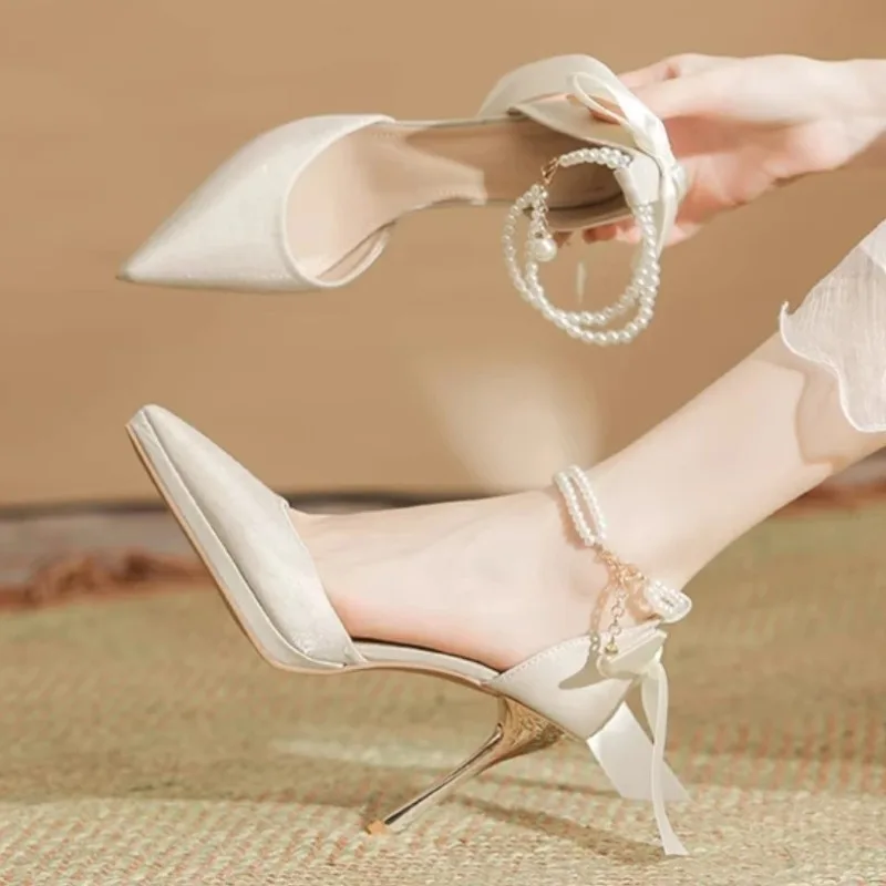 Women's Pumps Elegant White Pearls Ankle Strap Wedding Party High-heeled Vintage Pointed Silk Back Bowtie Stiletto Shoes