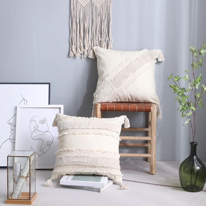 

Boho Woven Tufted Pillow for Case Morocco Black White Plaid Tassel Cushion Cover