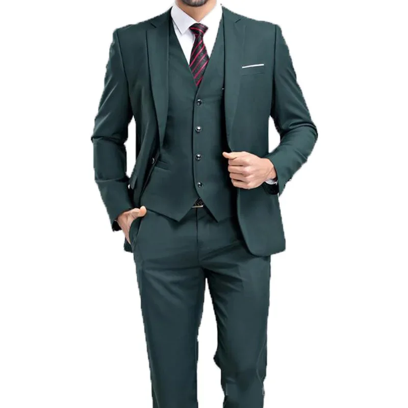 Men Suit 3 Pieces Army Green Flat Collar Business And Leisure Groomsman Wedding Banquet  Tuxedo Jacket Vest With Pants