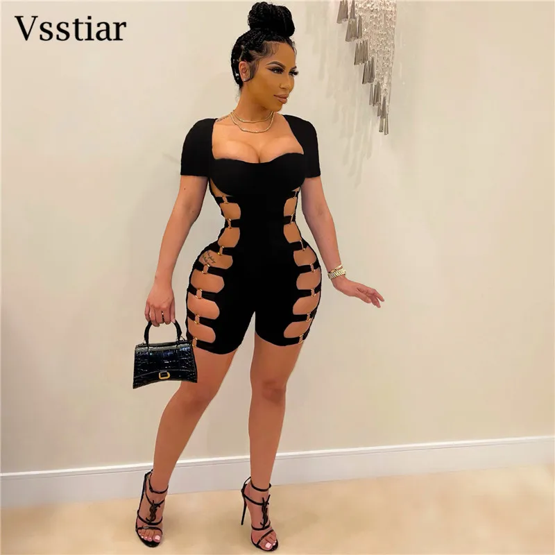 

Vsstiar Summer Hollow Out Women Playsuits Black Square Collar Short Sleeve Bodycon Sexy Rompers Nightclub Party Female Outfits