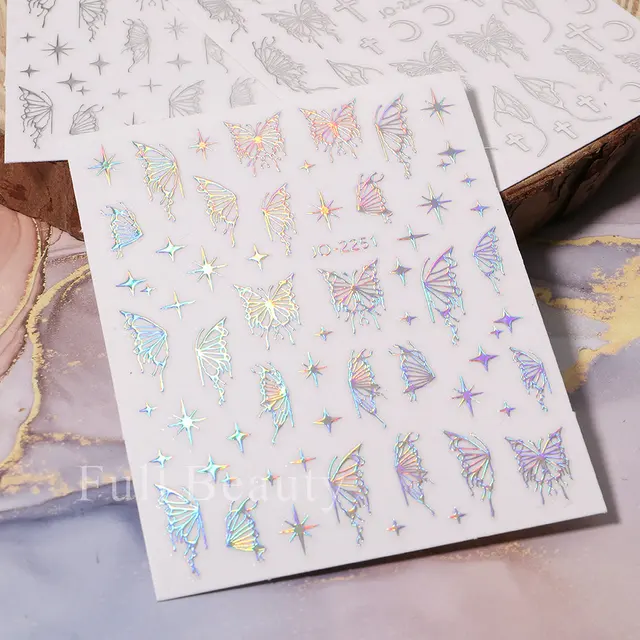 Nail York Silver Metal Mirror Butterfly Stickers with Holographic Butterflies and Star Designs | Adhesive Slider Wraps Gel Polish Decals for Nail Salons Supplies - Image 6