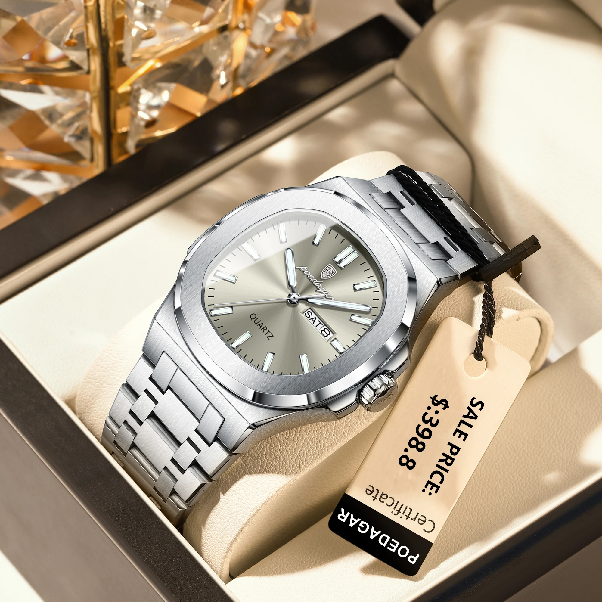 POEDAGAR Trendy Casual Wristwatch For Men Week Date Stainless Steel Man Watch Luminous Waterproof Luxury Quartz Men Watches+Box - Image 2