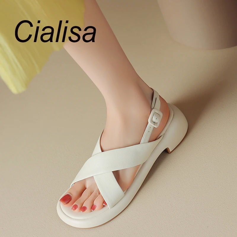 

Cialisa Sandals Women Shoes 2023 Concise Beige Genuine Leather Comfortable Mid Heels Buckle Strap Handmade Lady Footwear Summer