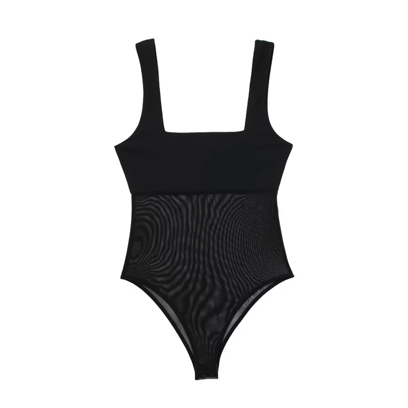 

2023 New Women Sexy Black Tulle Spliced Jumpsuit Summer Square Neck Sleeveless Fashion One Piece Shorts