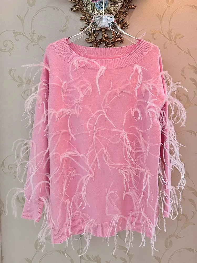 

HIGH STREET Newest 2024 Designer Style Women's Loose Style Feather Decoration Knitted Long Sleeve Pullover Sweater