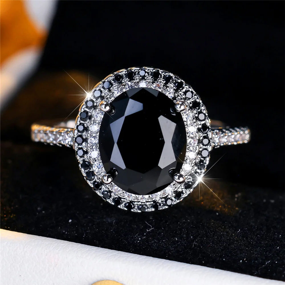 Luxury Crystal Black Zircon Stone Oval Rings For Women Vintage Silver Color Wedding Band Bridal Jewelry Engagement Gift