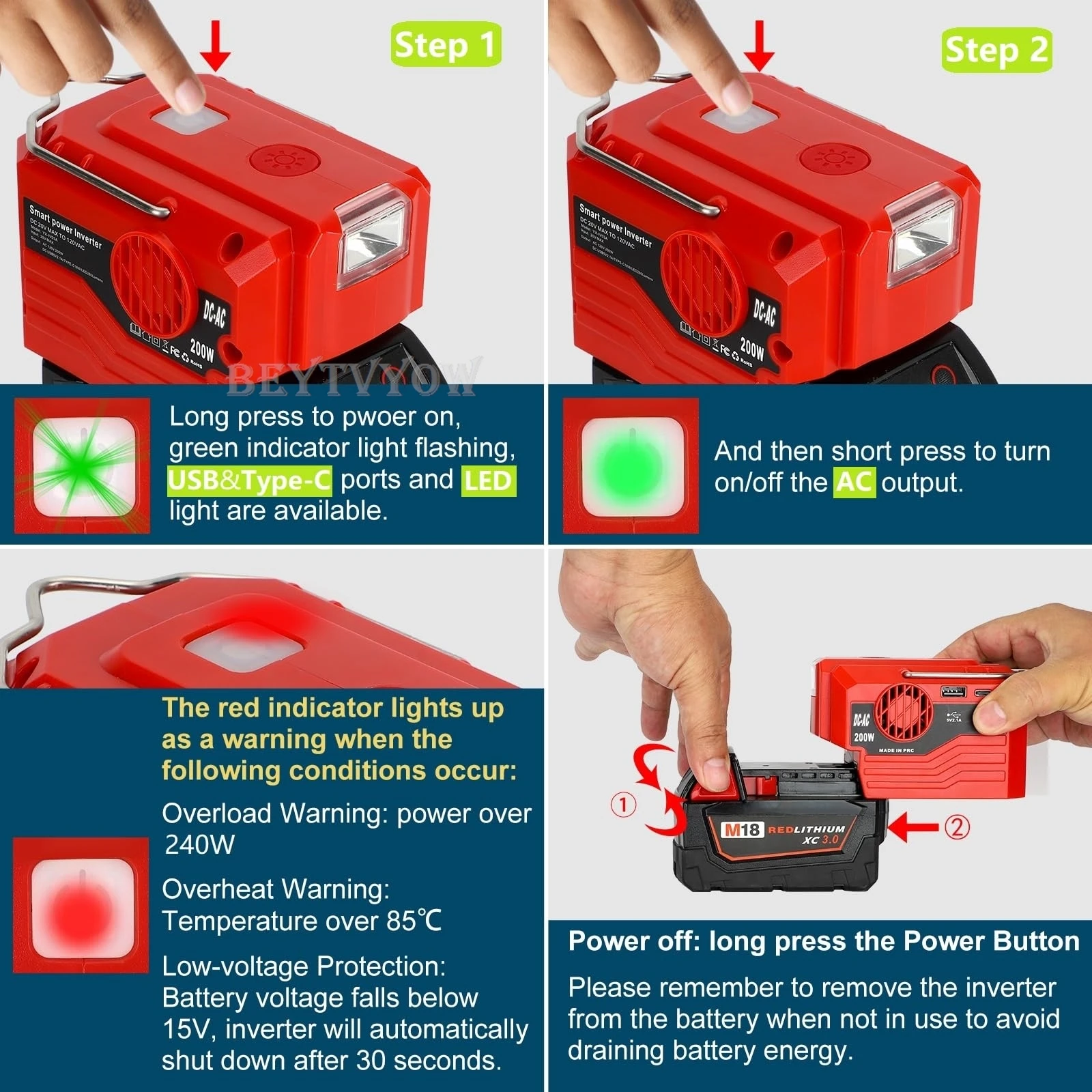 200W Portable Power Inverter for Milwaukee M18 18V Battery DC 18V to AC 110V-230