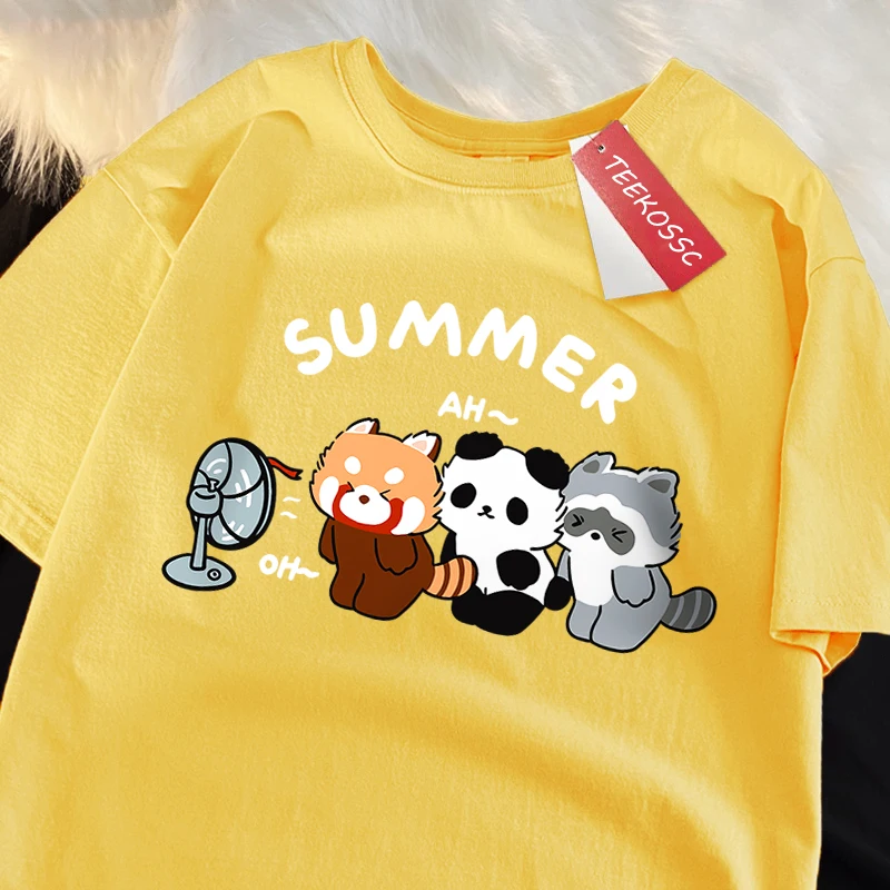 3 Raccoons Blowing Fans Print T-Shirt Street Breathable Tshirt Fashion Loose Tees Cotton Oversized Street Clothes Men Women