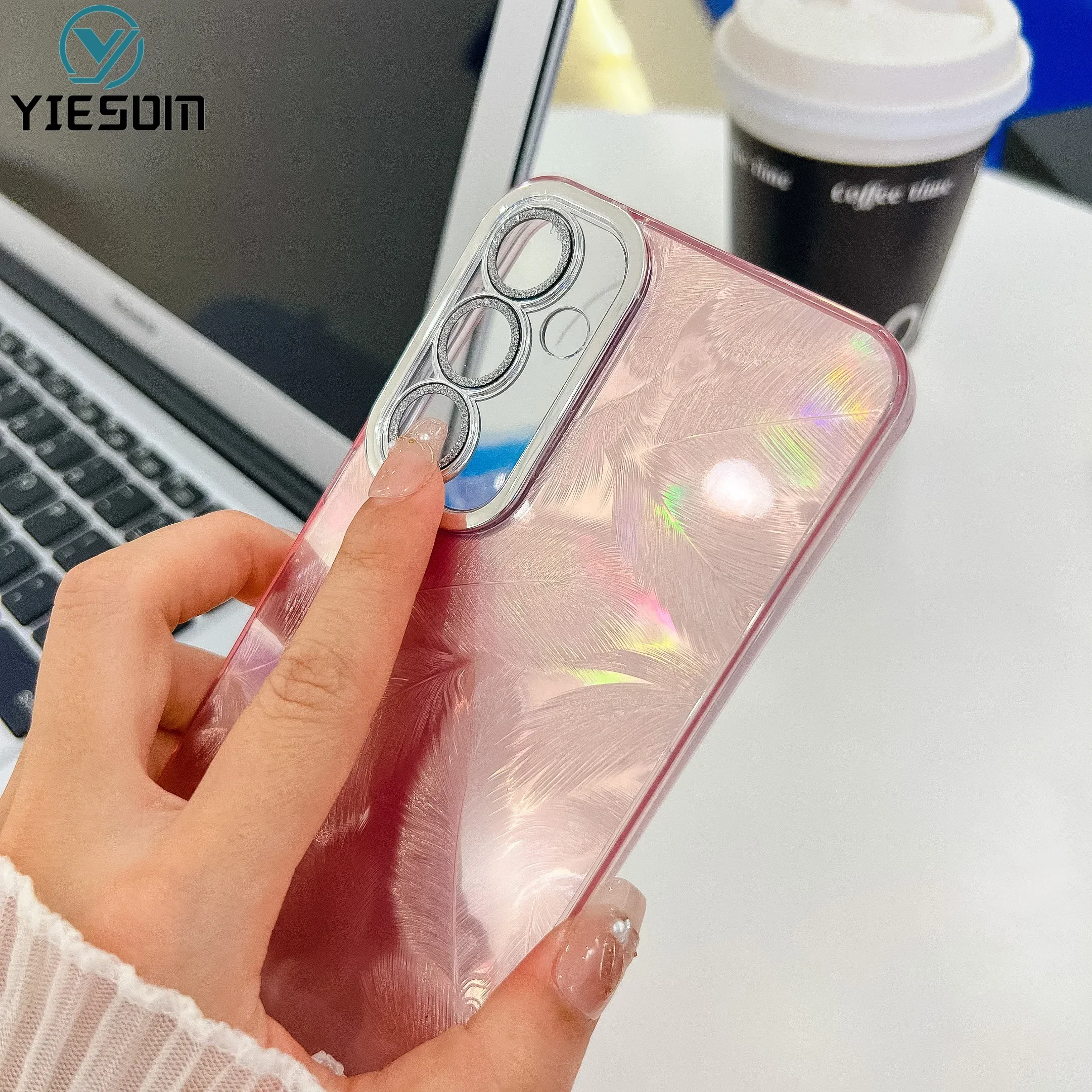 Luxury Laser Feather Gradient Rainbow Phone Case with Lens Film