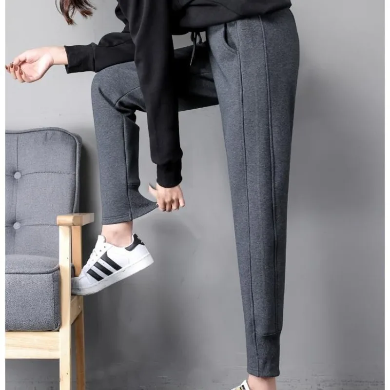 Autumn and Winter Women's Elastic High Waist Solid Color Drawstring Pocket Tied Feet Lantern Trousers Fashion Casual Pants