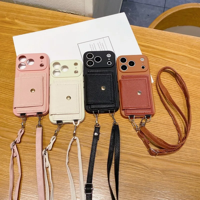 Crossbody Lanyard Strap Wallet Card Holder Case – PU Leather Silicone Cover