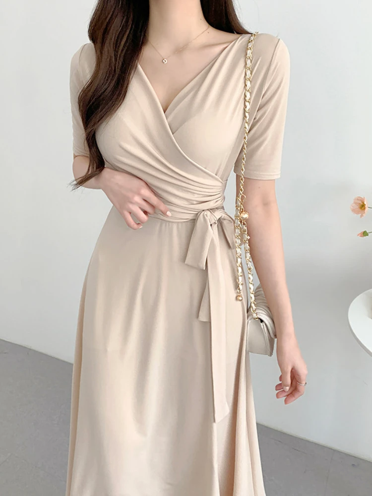 Blue Floral Dresses Semi Formal Floral Women Elegant Office Long Dress  Summer Sexy V-neck Short