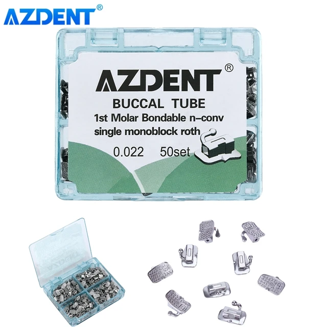 50Sets AZDENT Dental Orthodontic Buccal Tube MIM Monoblock 1st 2nd Molar Bondable Non Convertible Single Tube Roth 0.022 0.018