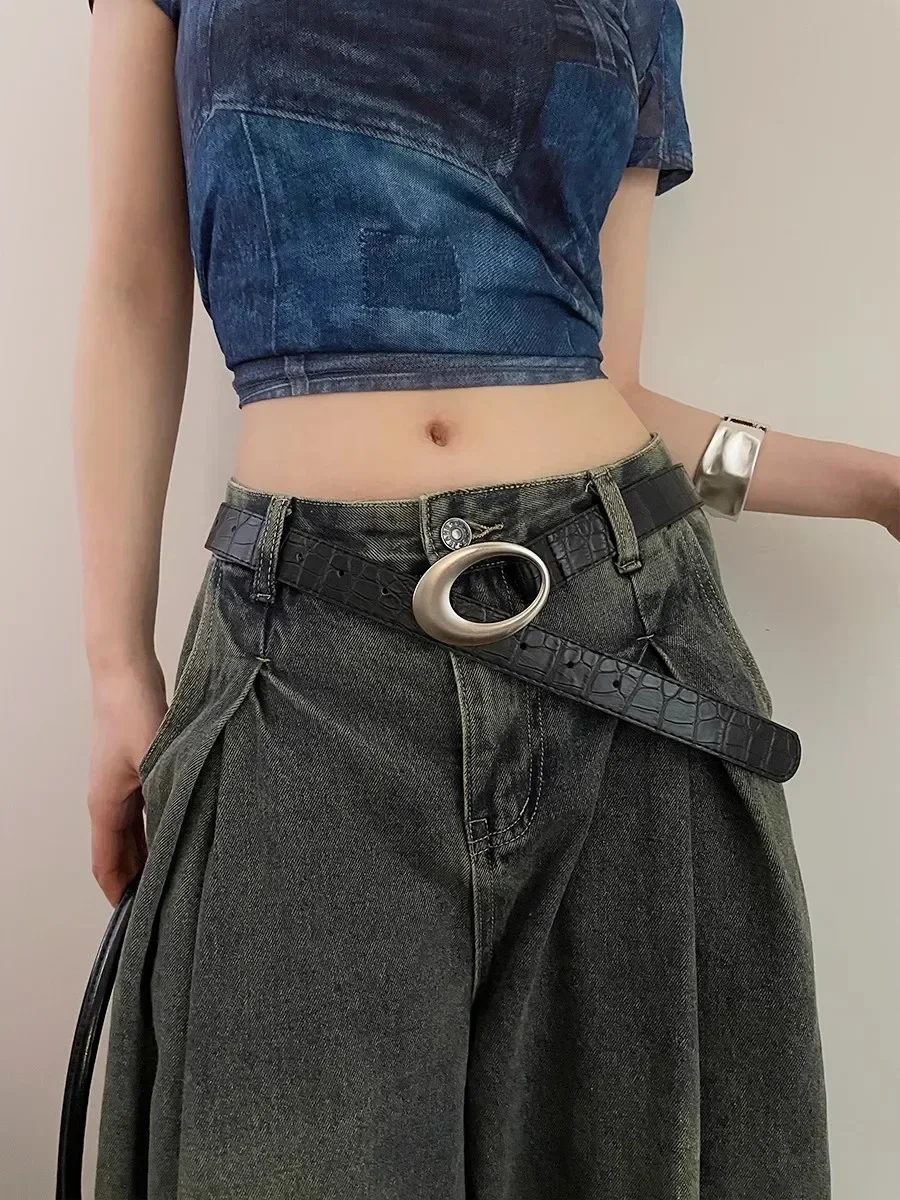 Vintage American Belt Crocodile Lines for Women Men Fashion Pu Leather Punk Metal Buckle Jeans Pants Advanced Red Waist Belts