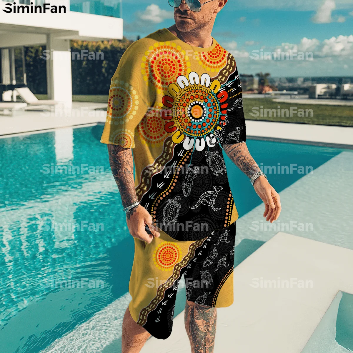 

Aboriginal Indigenous Sun 3D Printed Men Tshirts Shorts Set Summer Tracksuit Two-Piece Sportswear Male Casual Tee Female Top