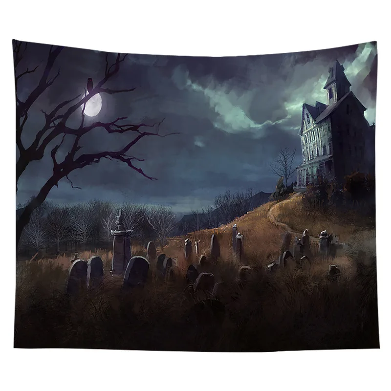 Halloween Tapestry Castle of the Night Cemetery Tapestry Hippie Wall Hanging for Bedroom Dorm Living Room Home Decor