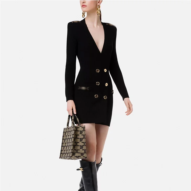 

HIGH STREET Newest 2023 Runway Designer Fashion Women's Sweater Long Sleeve V Neck Metal Button Knitted Dress