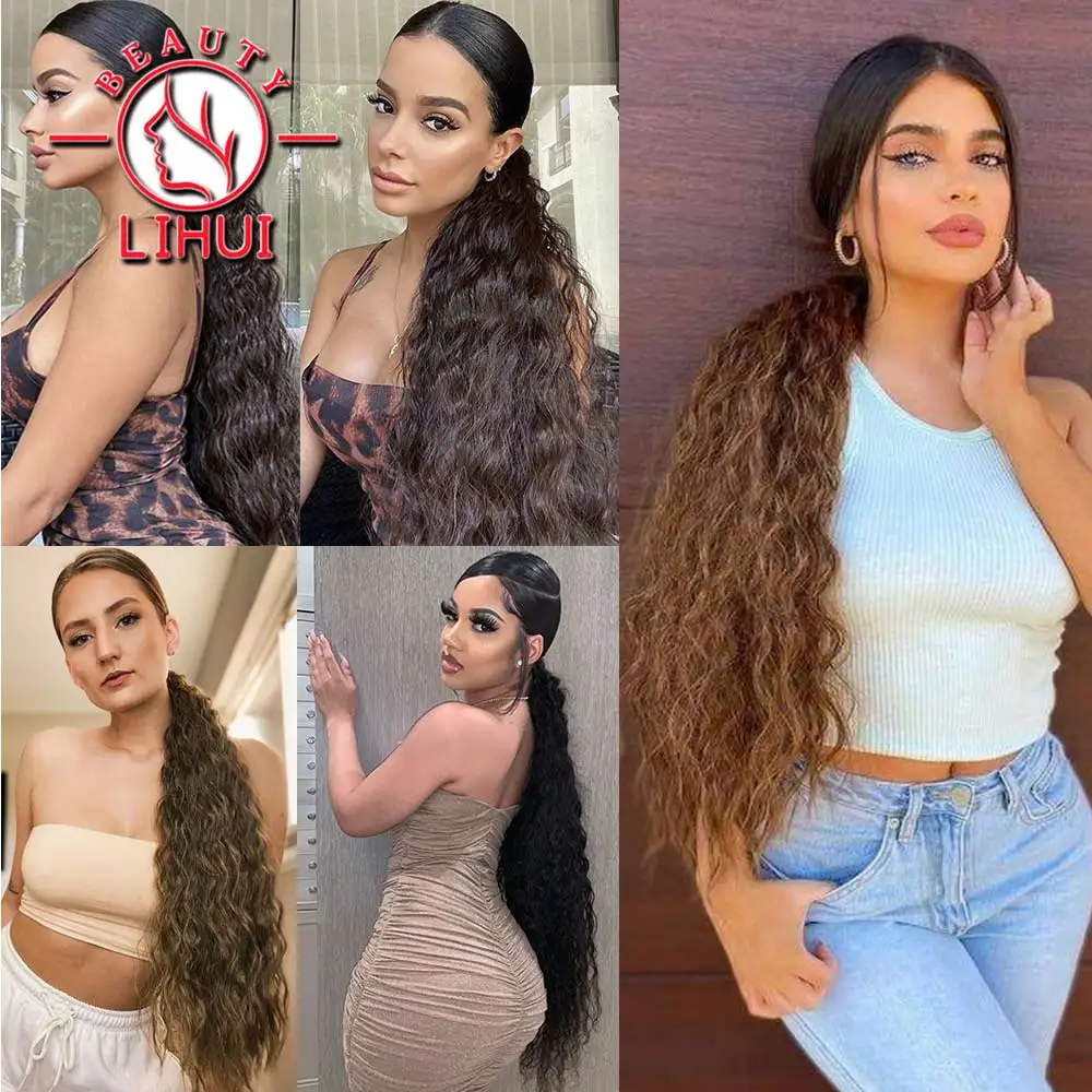 32 Inch Long Ponytail Hair Extension Corn Wavy Texture Synthetic Afro Kinky Curly Ponytail Women Hairpieces Wrap On Pony Tail synthetic hair extensions