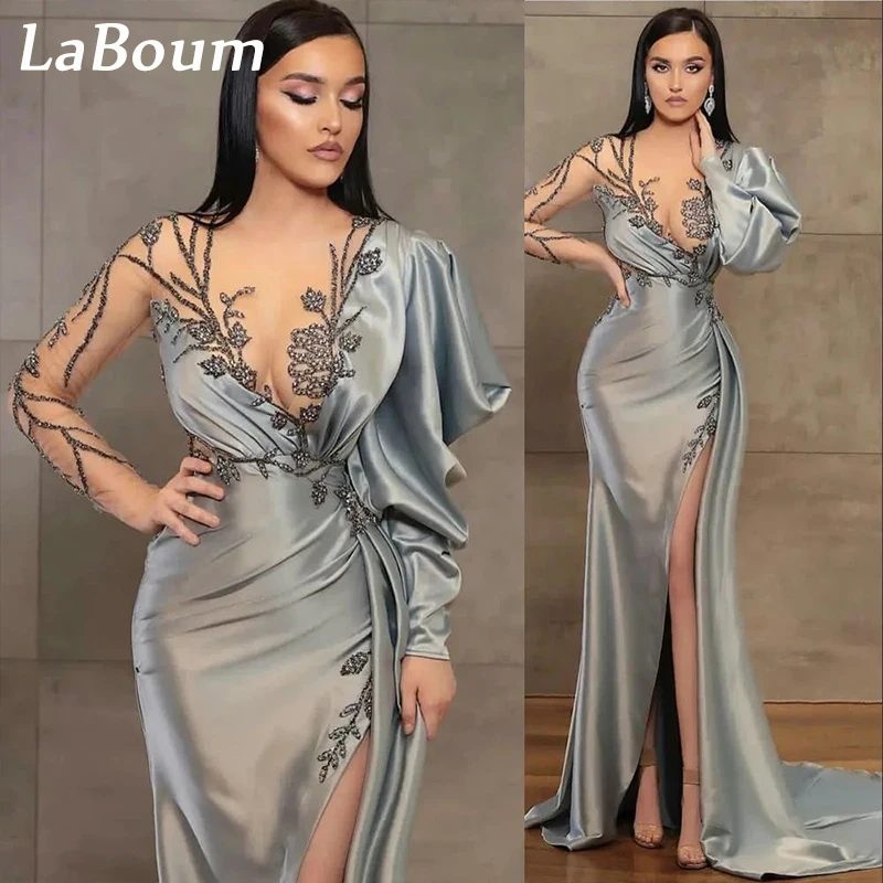 

LaBoum Elegant Prom Dresses O Neck Beaded Appliques Illusion Evening Gowns Satin Mermaid High Split vestido de galaفساتين السهرة