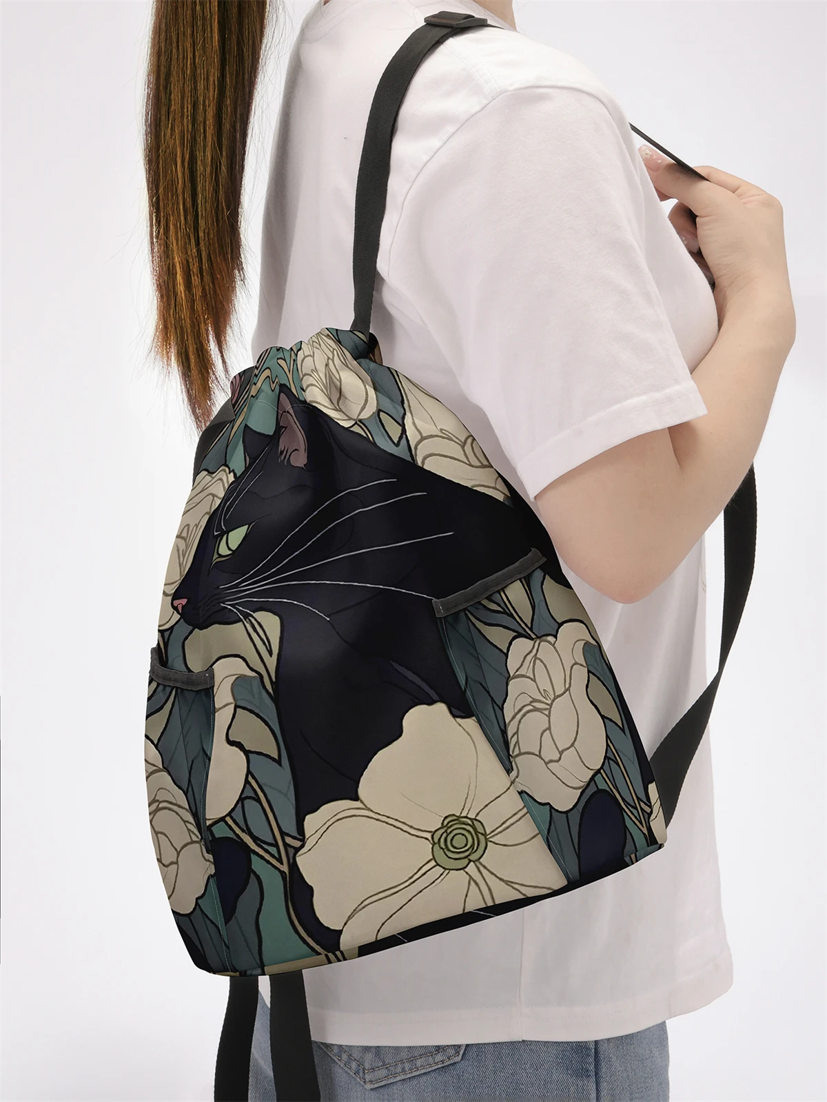 Cute Cat Pattern Printed Drawstring Backpack - Large Capacity Durable Fitness Bag, Sports Beach Backpack