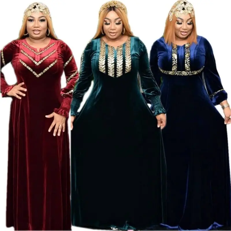 L-2XL Lantern Sleeves Velvet Dashiki Fashion African Womens High Waist Party Banquet Maxi Dress Elegant Evening Gowns Kaftan