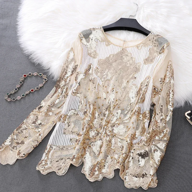 

2024 Bling Bling Shiny Women Sequined Tshirts Graphic T Shirts Women Gothic Punk Clothes Femme Embroidery Sequins Pullovers Tops