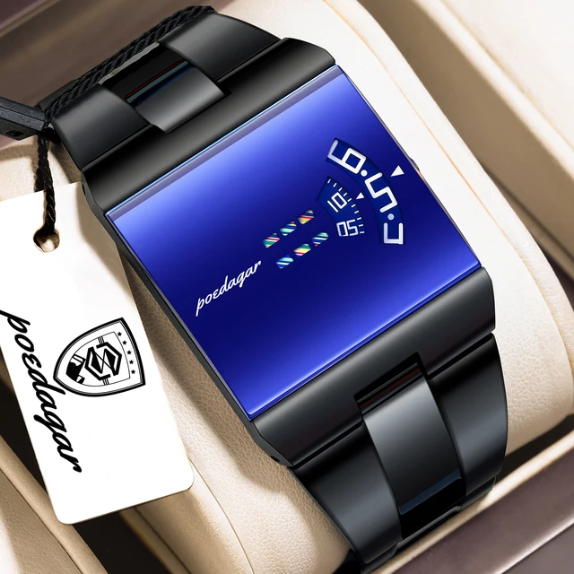 Montre homme POEDAGAR Top Rectangle Original, étanche, mode, bracelet en acier inoxydable, quartz, sport, avec boîte + Reloj 1